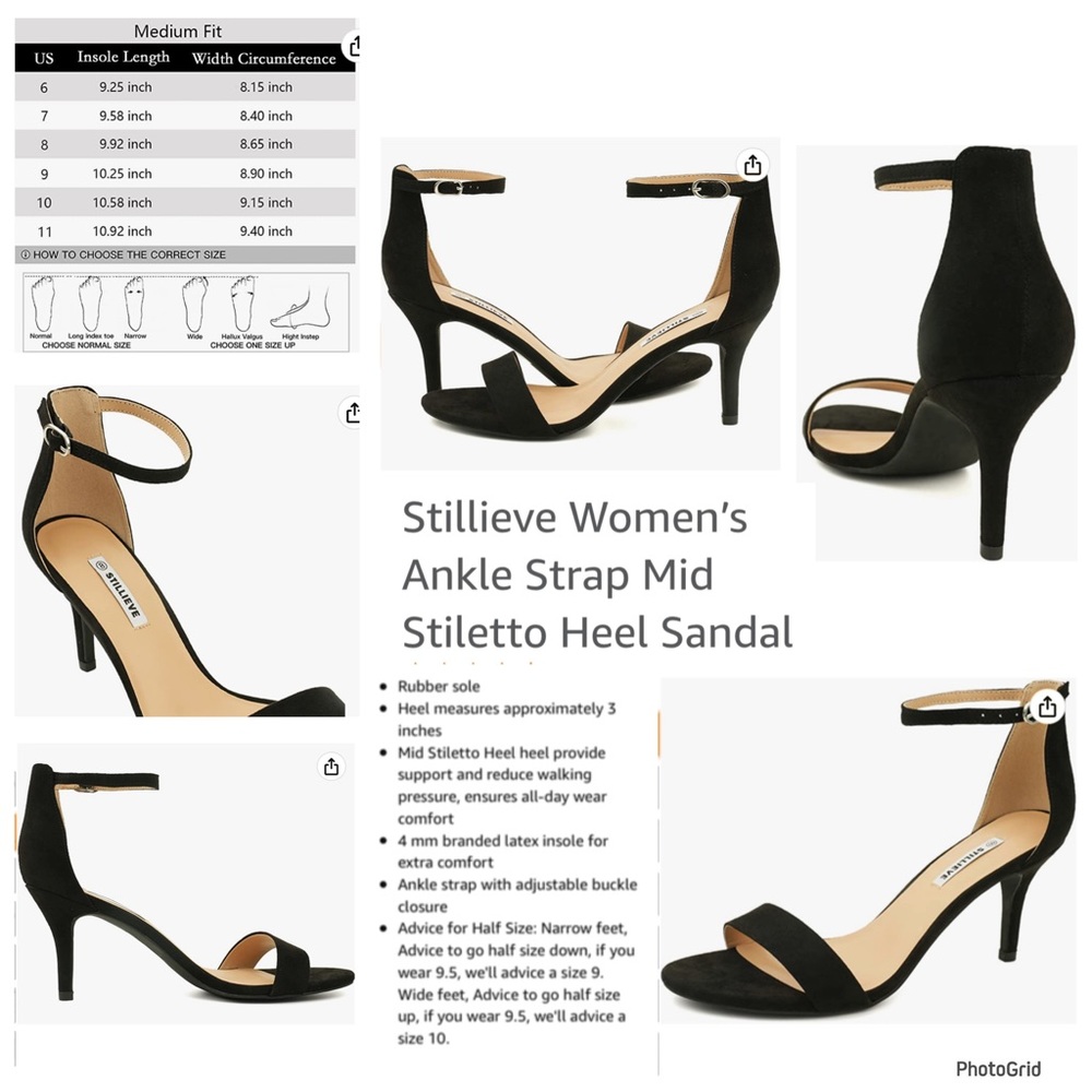Stillieve size 9 black ankle strap mid stiletto heel sandals NWT